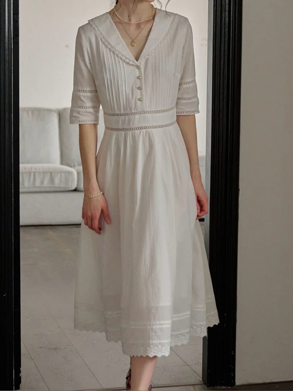 Fiona 100% Cotton Elegant White Midi Dress by Simple Retro Size - M